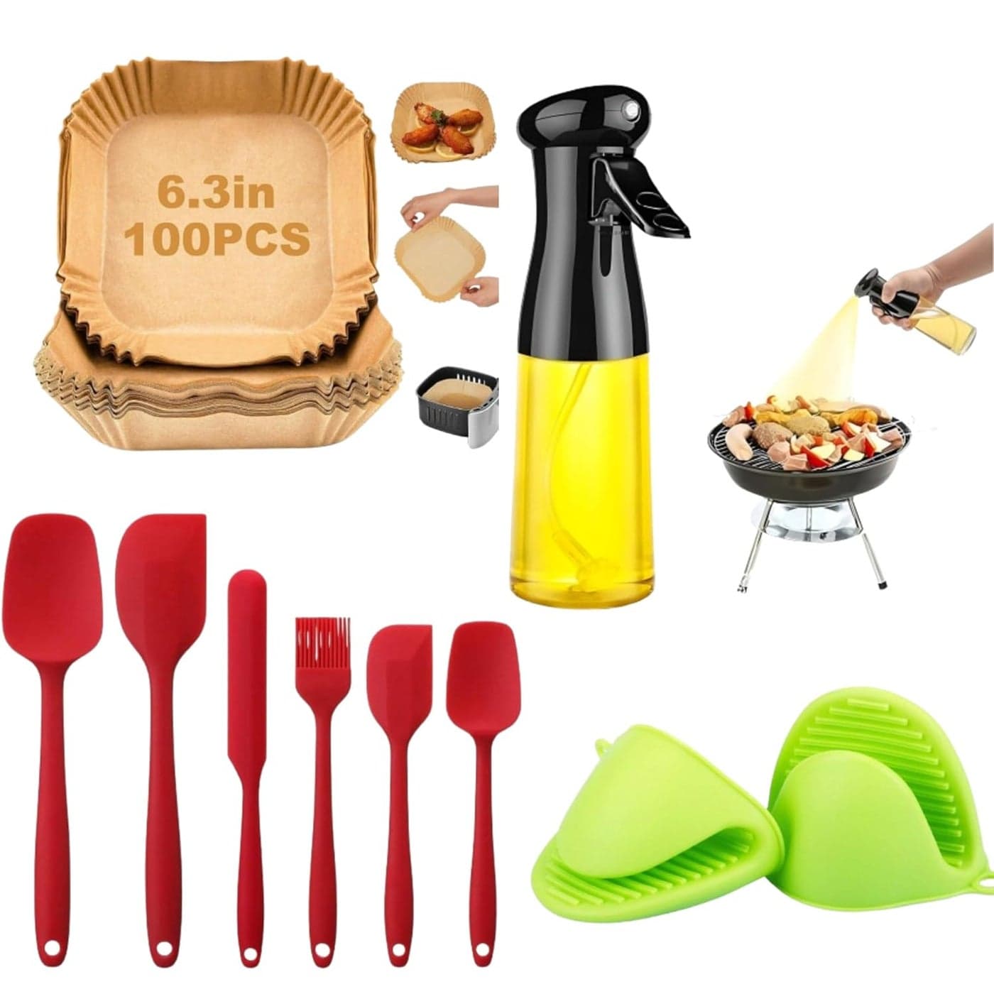 Air Fryer Paper SheetsOilProof Parchment Paper for FryingMitt Gripper Grip Kitchen Potholder Utensil Tool AIRFRYERSpatula SetPinch Grip Oil Spray Bottle