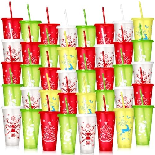 Sliner 40 Pieces Christmas Reusable Cups with Lids and Straws 24 oz Plastic Tumblers with Lids and Straw Water Bottles Bulk for Coffee Adults Kids Christmas Party supply
