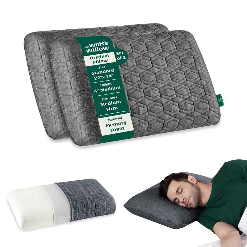 The White Willow Memory Foam Pillow Set of 2 for Neck & Shoulder Pain Relief-Cervical Pillow for Sleeping-Orthopedic Bed Pillow for Back, Side & Stomach Sleepers-Medium Firm-Standard-4" H-Grey