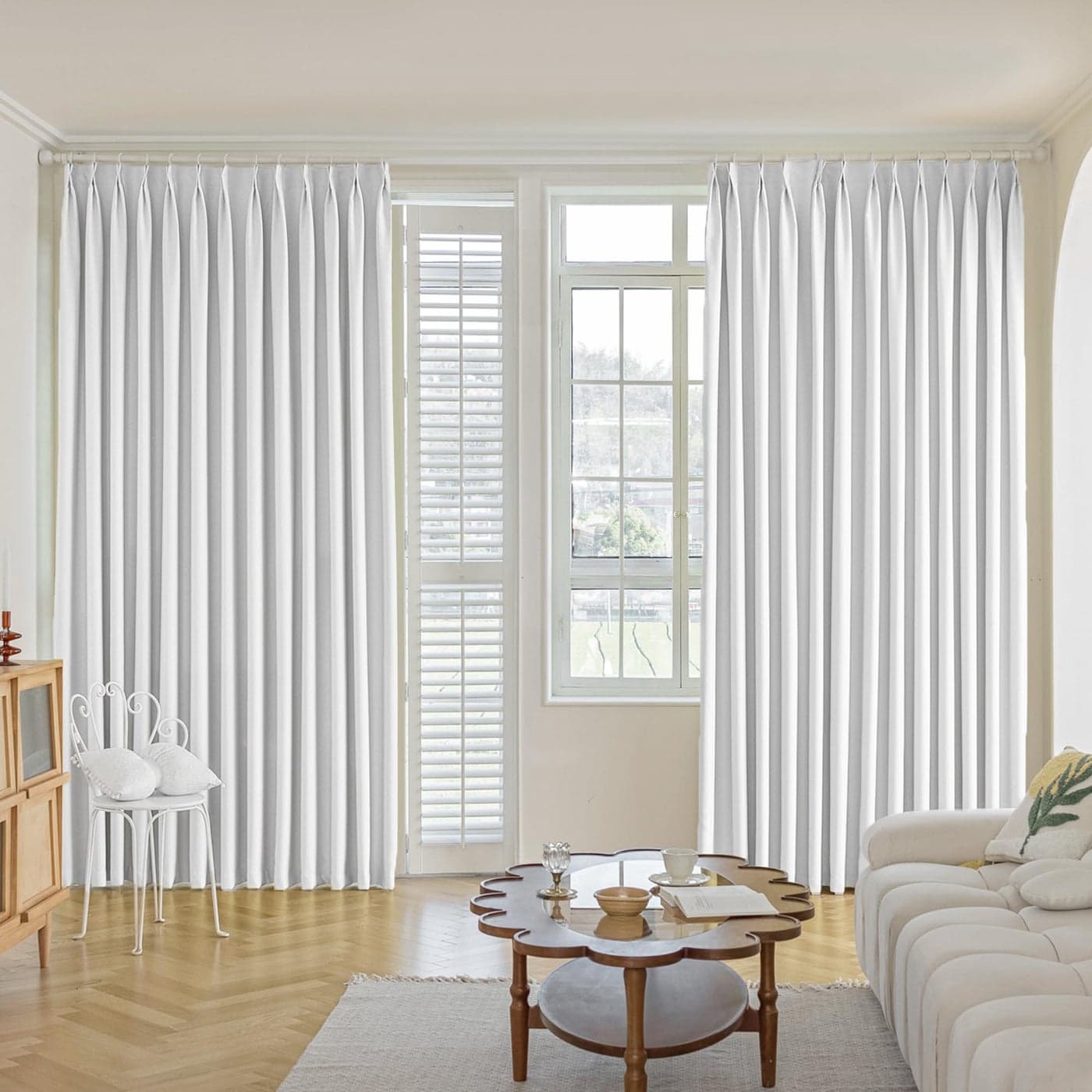 MUMFAS Pure White Pinch Pleat Curtain 52 W x 84 L Solid Thermal Insulated 50 Blackout Patio Door Curtain Panel Drape for Traverse Rod and Track with Tieback One Panel