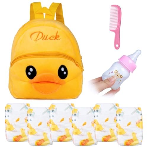 Pedolltree Reborn Baby Doll Diaper Bag Care and Feeding 9 Pcs Set for 1724 inches Reborn Dolls Accessories Newborn Baby with Yellow Duck Backpack