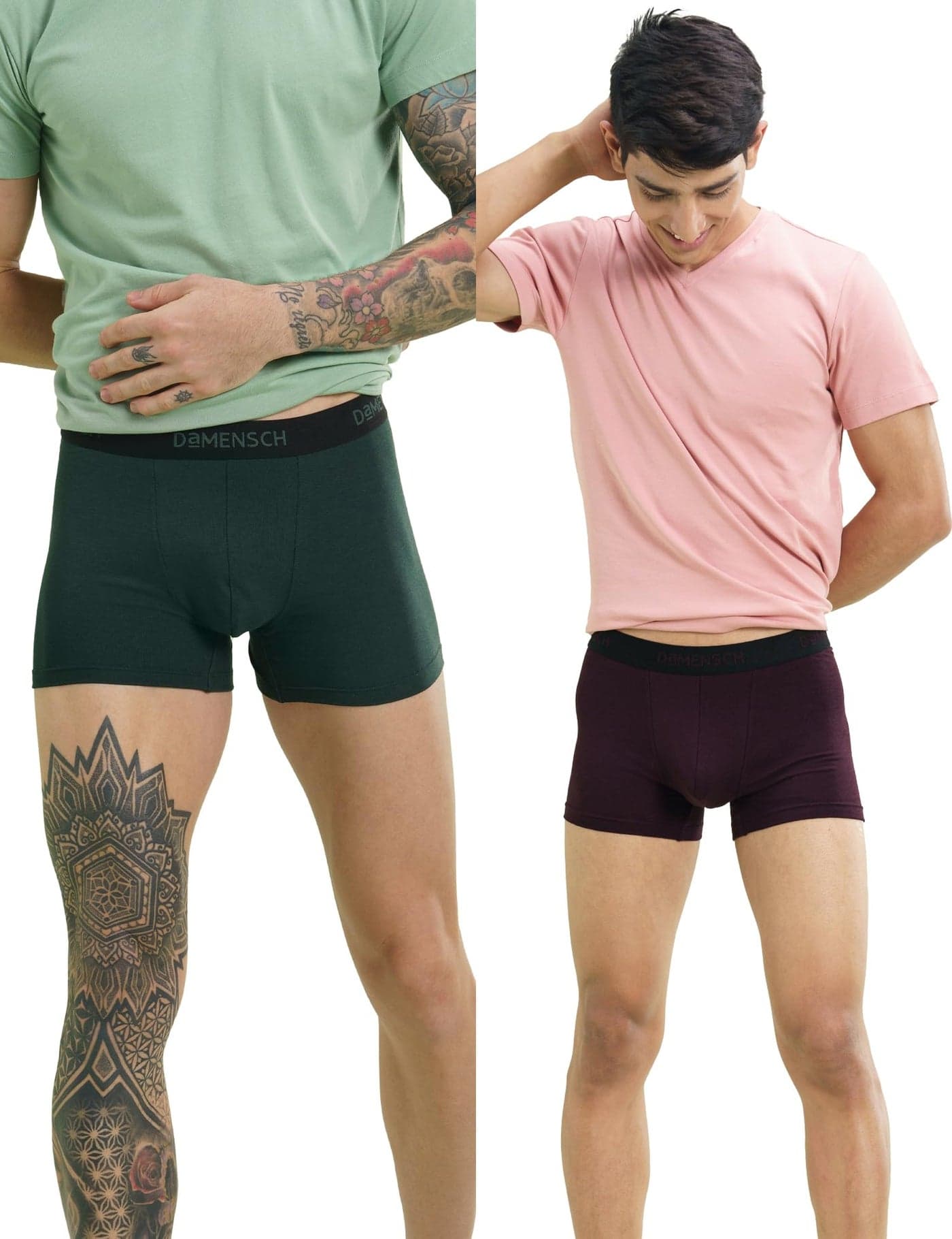 DAMENSCH Mens Premium Cotton Solid Trunks ReFRSH Single of Peppermint Powered-Pack of 2-Loyal Maroon,Pine Green-X-Large