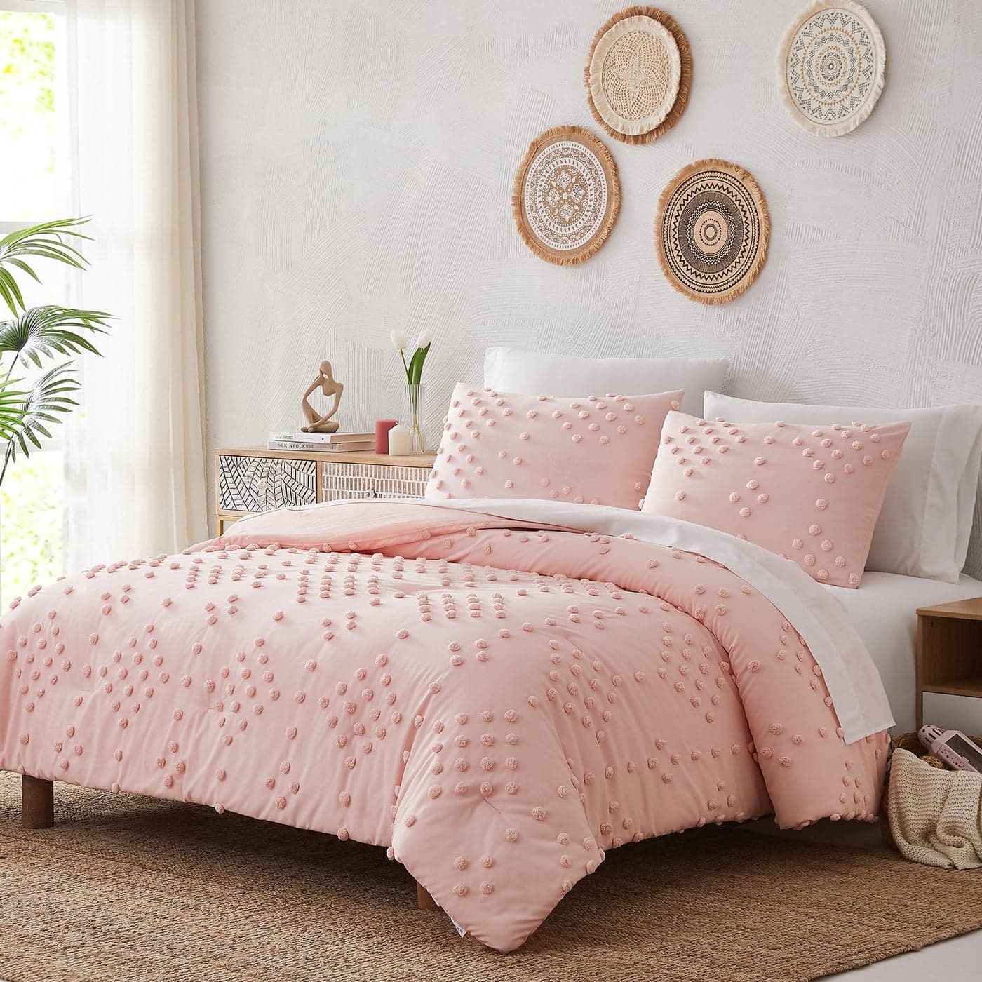 Geniospin Pink Queen Comforter Set for Girls 7 Pieces Pom Tufted Bed in A Bag Twin Bedding Sets with Sheets Pillowcases Shams All Season Kids Comforter Set