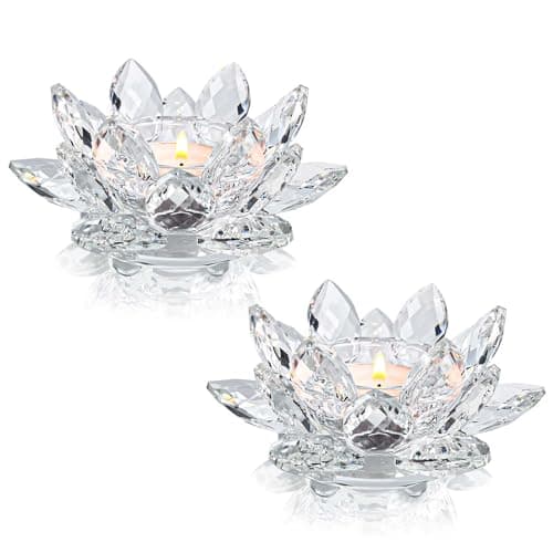 Kolnlala Crystal Lotus Flower Tealight Candle Holders/Glass Tea Light Candlestick Decor Decoration for Christmas Home Wedding Party… (Clean 2pcs)