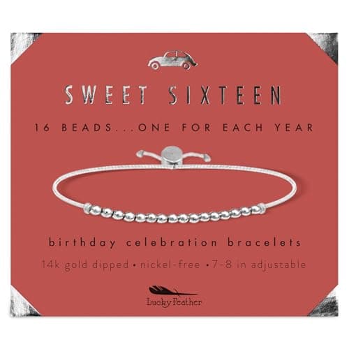 Lucky Feather Sweet 16 Gifts for Girls; 16th Birthday Bracelet Gift Idea for 16 Year Old Girls with Silver Dipped Beads on Adjustable Cord