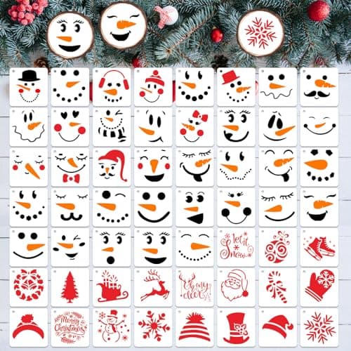 Augshy Christmas Snowman Face Stencils 56 Pack Reusable Plastic Drawing Template for Scrapbooking Drawing Wall Floor Decor DIY Rock Painting Art Projects 3 Inch