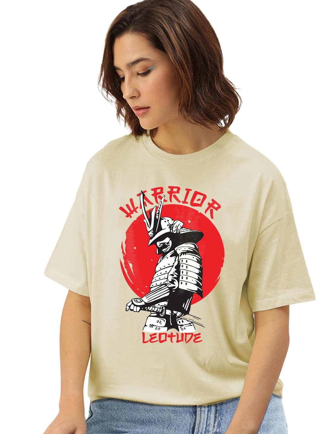 LEOTUDE Oversized Round Neck Women's T-Shirts (SP-7VRUVTXIYVLK5HCZ_Beige_M)