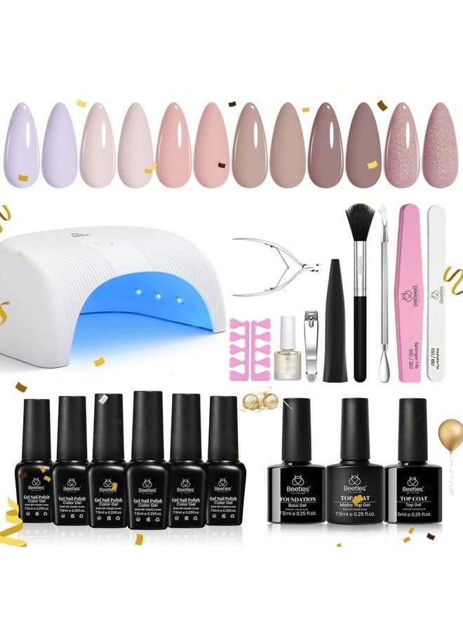 Beetles Gel Nail Polish Kit with Uv Light Base Gel Top Coat, 6 Colors Nude Neutral Nail Polish Starter Kit, Soak off Led Set DIY Manicure Home Nail Essentials Gift for Girls Women