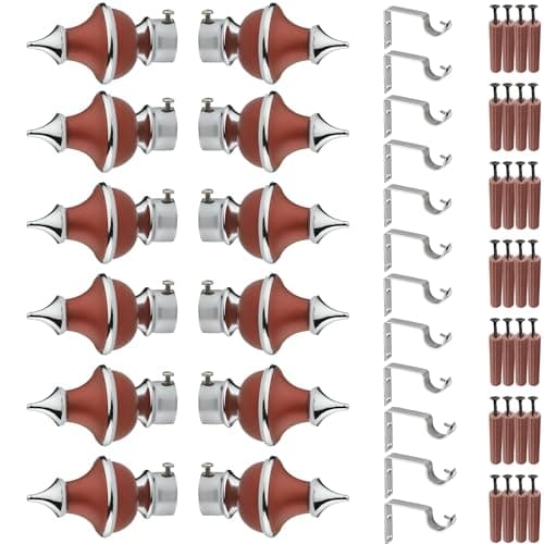 GRIVAN Stainless Steel & ABS Curtain Bracket Parda Holder with Support 1 Inch Rod Pocket Finials Designer Door and Window Rod Support Fittings, Curtain Rod Holder (Pair of 6 , Maroon )
