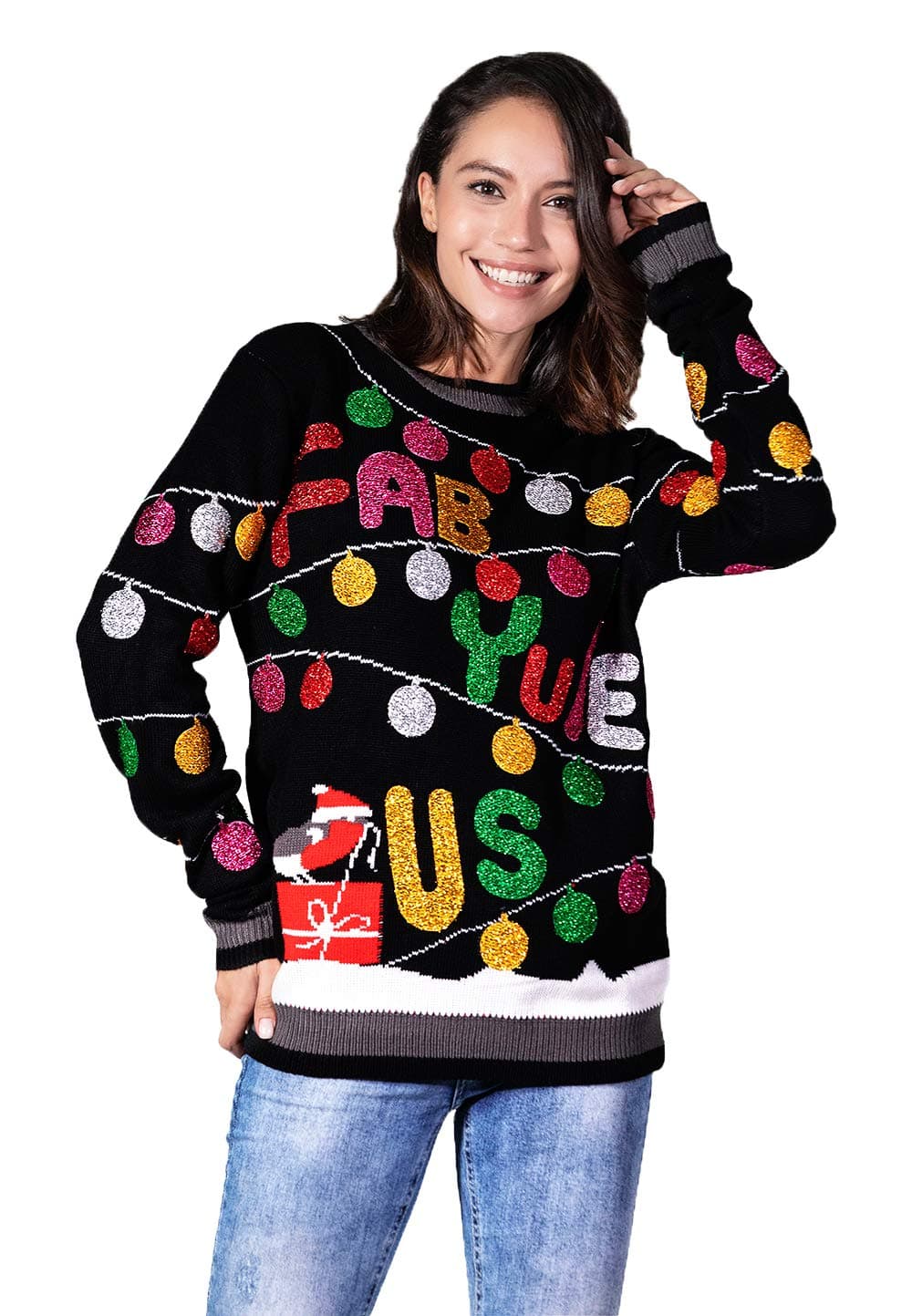 Women`s Ugly Christmas Sweater Unisex Men`s Funny Novelty Santa Pullover for Party Fabulous-Black Small