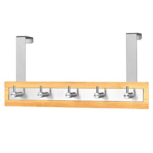 ToiletTree Products Bamboo Stainless Steel Over-The-Door Towel Hooks - Durable Coat, Clothes, and Towel Rack to Use in The Bathroom, Laundry Room, and Closet - 5 Hooks