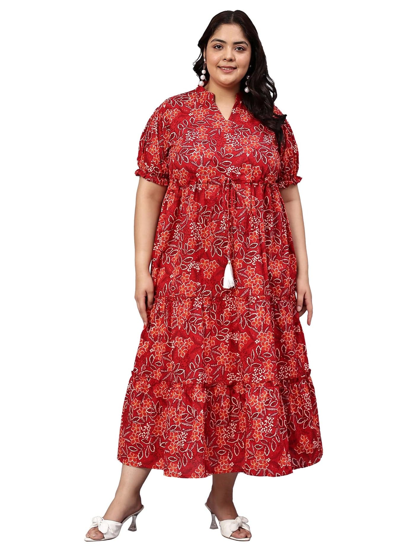 Indietoga Women's Plus Size Pure Cotton A-Line Tiered Maxi Dress (P10001530_Red Floral Printed_7XL)