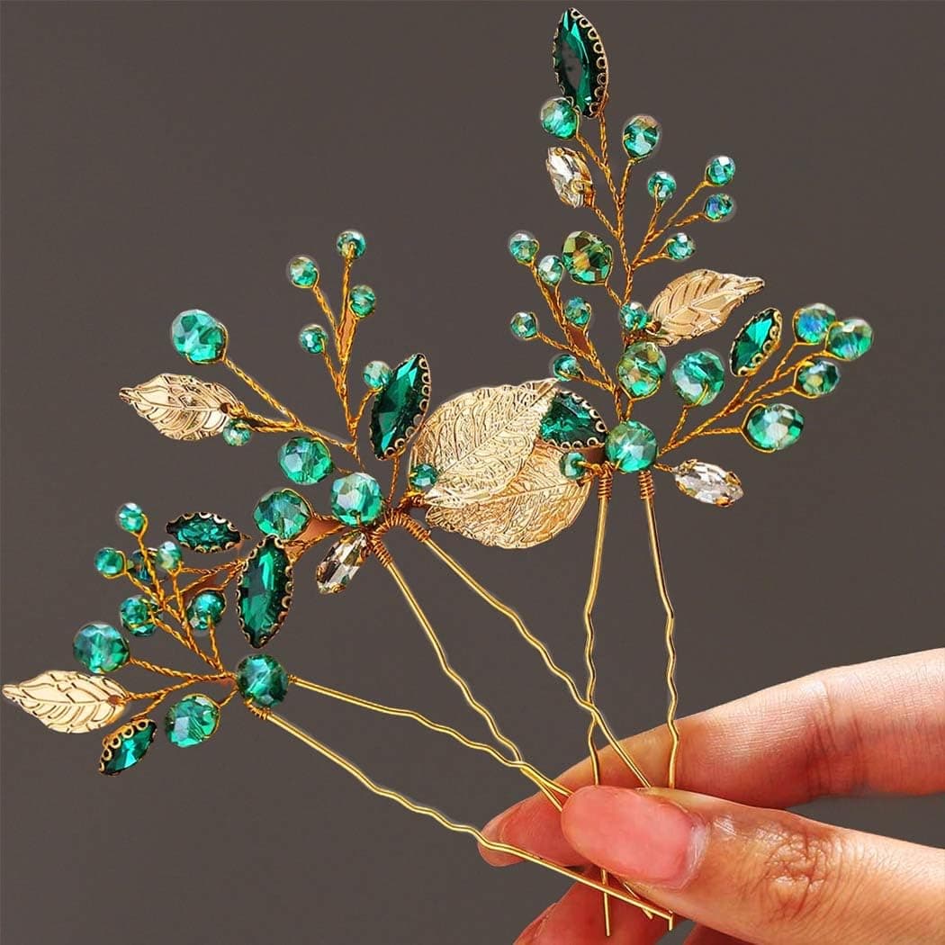 Latious Emerald Green Bride Wedding Rhinestones Hair Pins Gold Leaf Bridal Hair Pieces Crystal Hair Accessories for Women and Girls Pack of 3 Gold