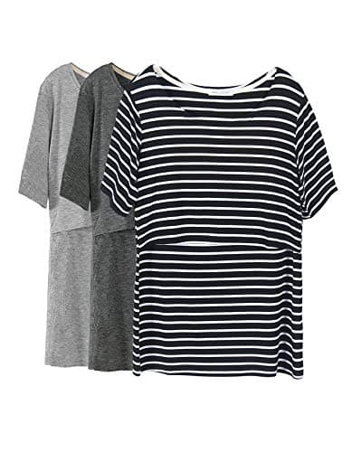 Smallshow 3 Pcs Maternity Nursing T-Shirt Nursing Tops Black Stripe-Dim Grey-Grey XX-Large