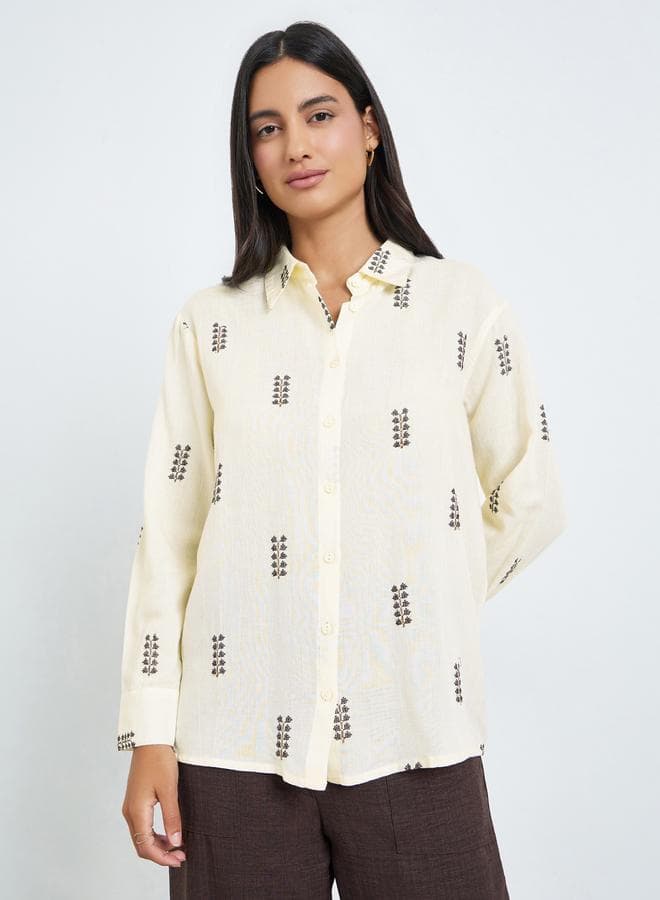 Off White Embroidered Long Sleeve Oversized Shirt