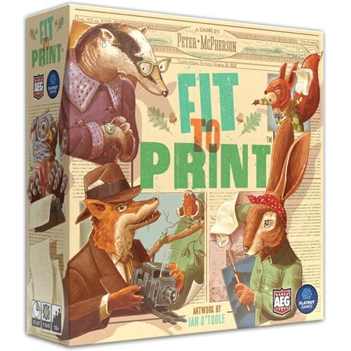 AEG Flatout Games Fit to Print Build your Newspaper From the Creators of Cascadia Easy to Learn Quick to Play Ages 10 For 16 Players Cream