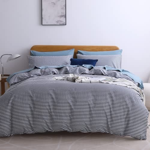 JELLYMONI 100% Natural Cotton 3pcs Striped Duvet Cover Sets,White Duvet Cover with Navy Blue Stripes Pattern Printed Comforter Cover,with Zipper Closure & Corner Ties(Full Size)