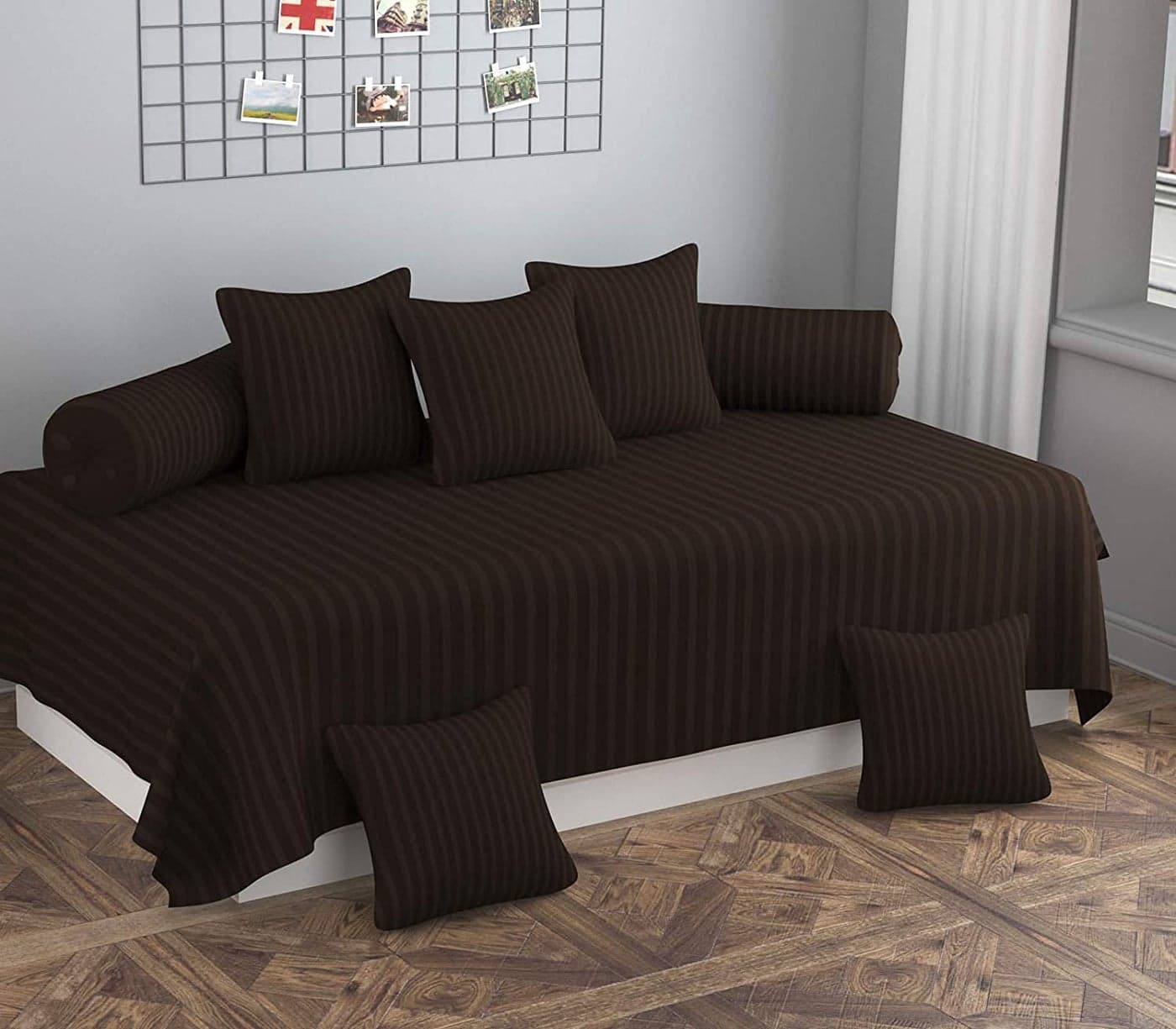 Castiqa Satin Fabric Stripes Patter Diwan Blend Set of 8 Pcs One Single Bed Sheet with 5 Cushions Covers and 2 Bolster Covers (Brown)