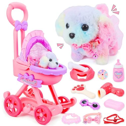 Learn2M 13Pcs Dog Toys for Kids Girls Pretend Puppy Stroller Playset for Toddler Electronic Interactive Walking Barking Dog Toy Pet Care Feeding Accessories Birthday Gifts for Little Girl 3 4 5 6