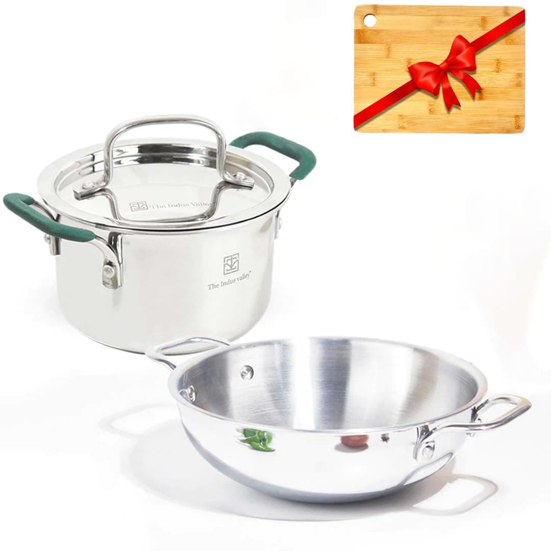 The Indus Valley Triply Stainless Steel Cookware Combo with Free Chopping Board Kadai234cm27L Stock Pot216 cm29L Gas Induction Friendly 3Layer Body 100 ToxinFree