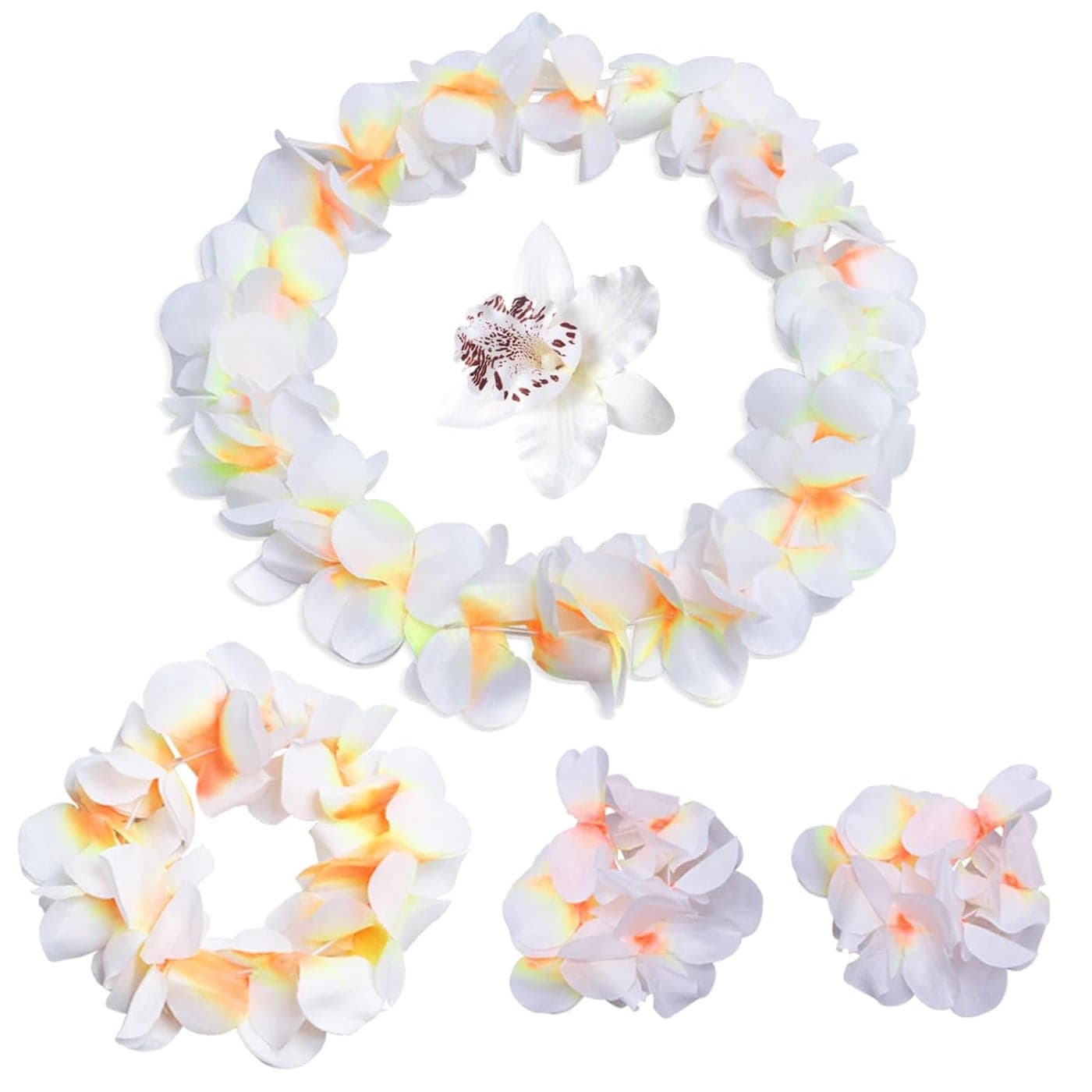 Hawaiian Leis Luau Tropical Headband Flower Crown Wreath Headpiece Wristbands Women Cute Floral Necklace Bracelets Hair Bands for Summer Beach Vacation Pool Party Decorations Favors Supplies White