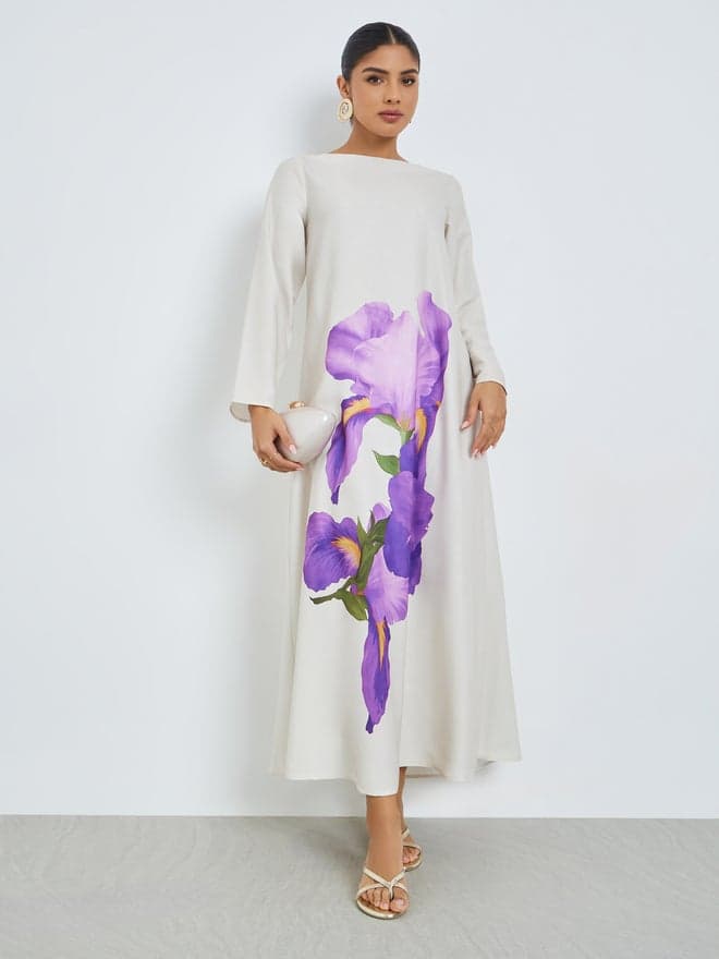 Grey Floral Print Long Sleeve Jalabiya