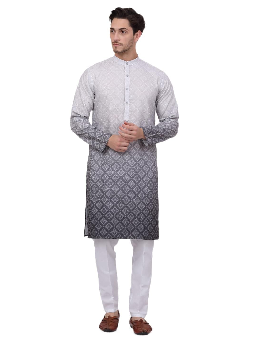 Jompers Men's Grey Ombre Printed Kurta Pyjama Set (Grey, M)