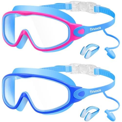 Vvinca Swim Goggles Kids Goggles with Earplugs Nose Clip Wide View AntiFogUV Swimming Goggles for Age 315 Boys Girls