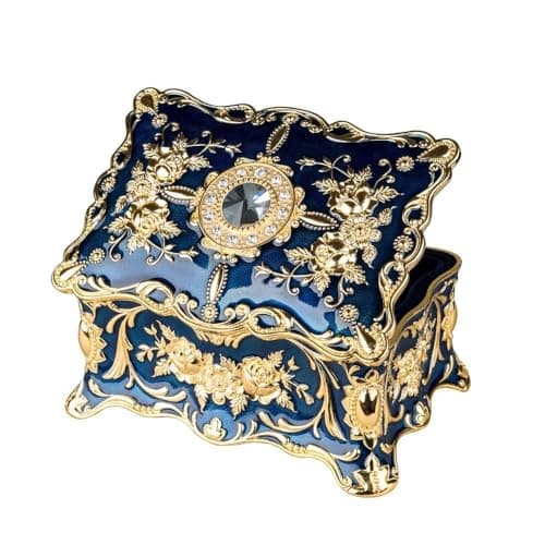 Feyarl Vintage Two Layers Rectangle Trinket Jewelry Box Ornate Ring Earrings Treasure Case Keepsake Box Organizer for Birthday Woman Girl Gift Home Dresser Decor (Blue) 7.1 x 4.7 x 3.1 inches