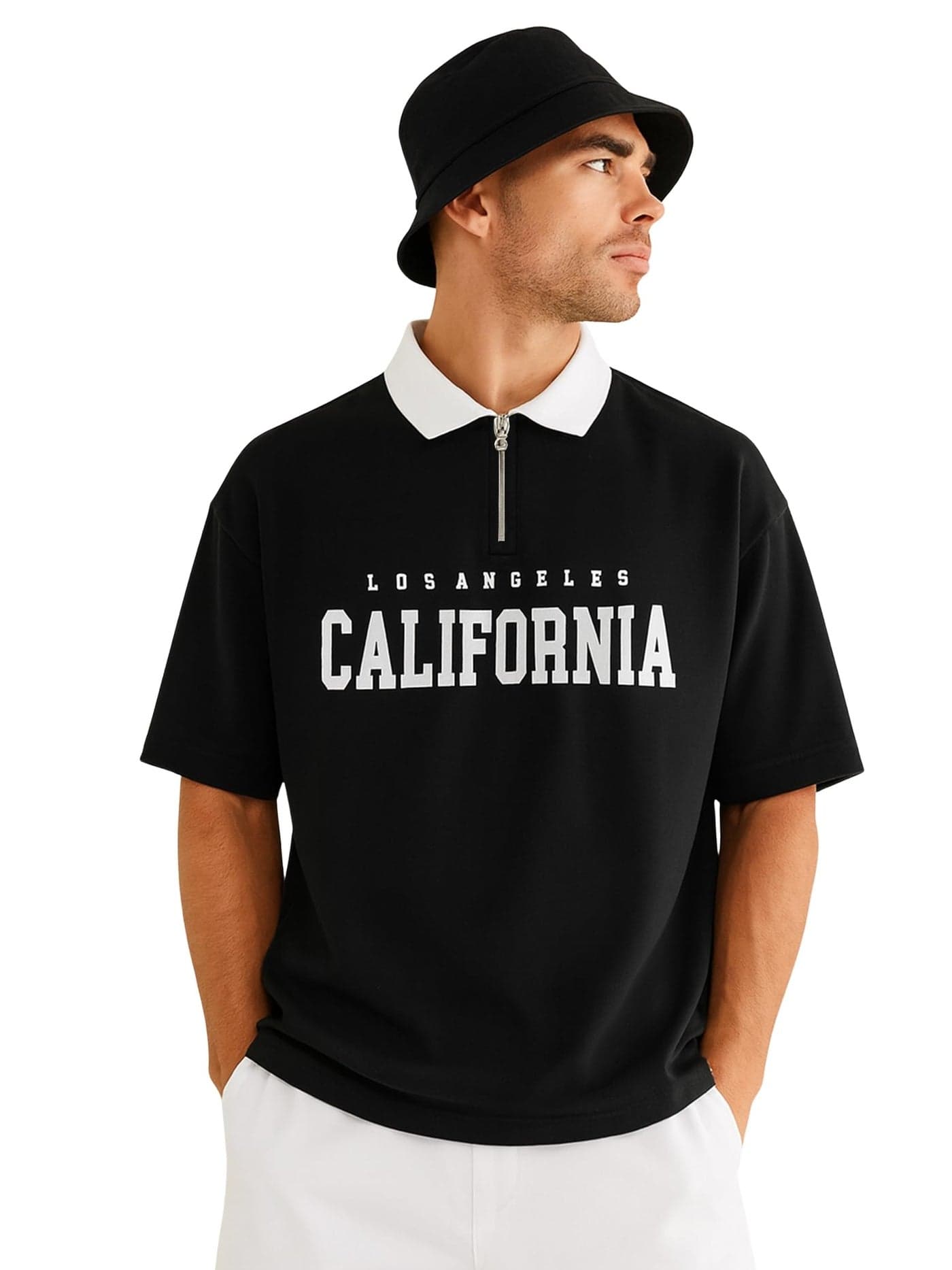 Jump Cuts Mens Printed Polo Neck Half Sleeve Black Cotton Blend T-Shirt