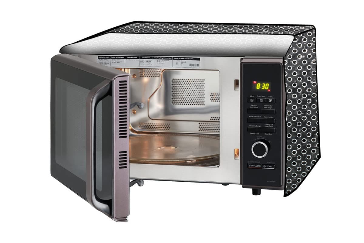 The Furnishing Tree Microwave Oven Cover full closure PVC suitable for all major brands for size LxWxH 14x19x13 in inches Symmetric Pattern Grey White