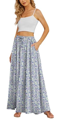 Yincro Women's Flowy Maxi Skirt Summer Pleated High Waisted Casual Long Skirts with Pockets (Spring Blossom Meadow, M)