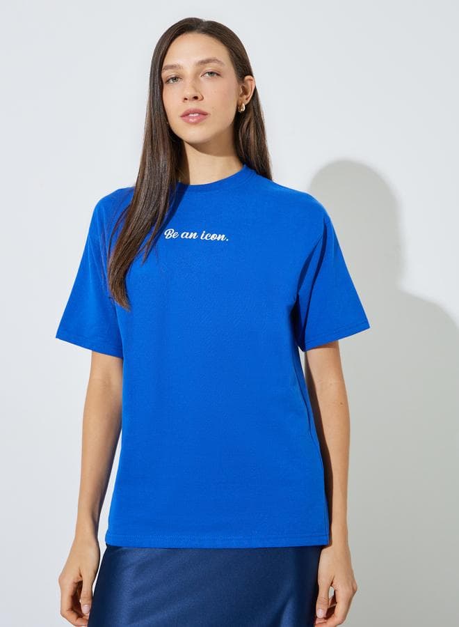 Blue Slogan Print Short Sleeves Oversized T-Shirt