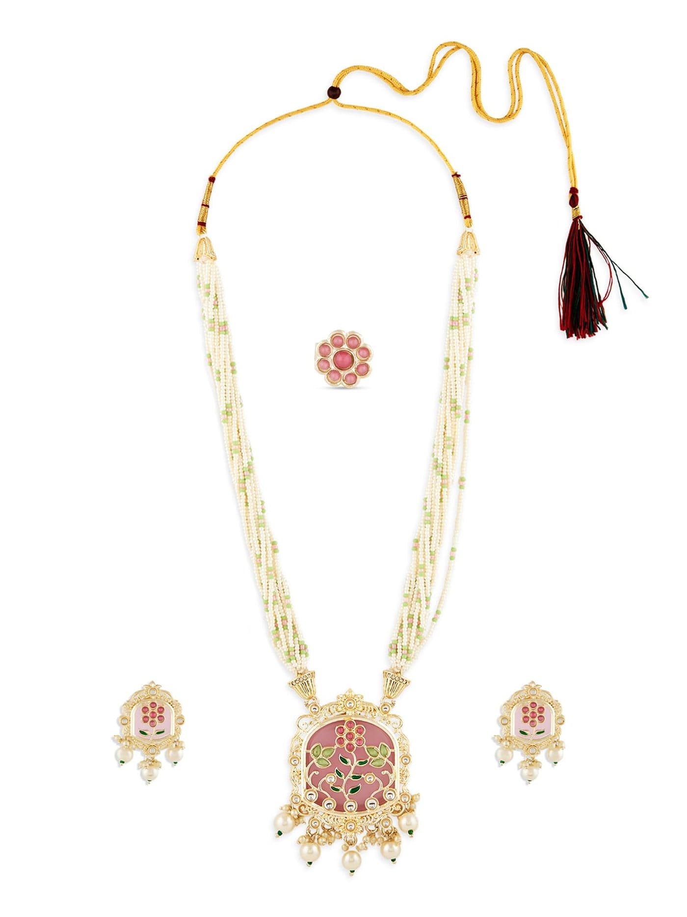 ZAVERI PEARLS Multicolor Stones Floral Design Multistrand Beaded Necklace Earring & Ring Set For Women-ZPFK18923