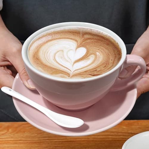 DeeCoo 8oz White Cappuccino Mug- Large Ceramic Coffee Cup with Saucer - Microwave and Dishwasher Safe, Perfect For Tea, Espresso, Latte - Porcelain Set for Kitchen or Cafe, Baristas, Great Gift
