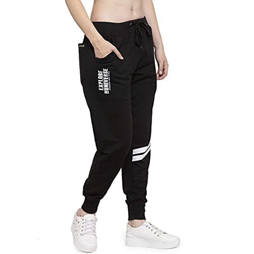 UZARUS Women's Cotton Slim Fit Low Rise Joggers Track Pants with 2 Zippered Pockets Black, Medium