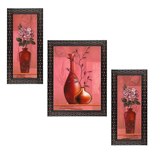 Indianara Set of 3 Flower Pots Art Painting (3842GB) without glass 6 X 13, 10.2 X 13, 6 X 13 INCH