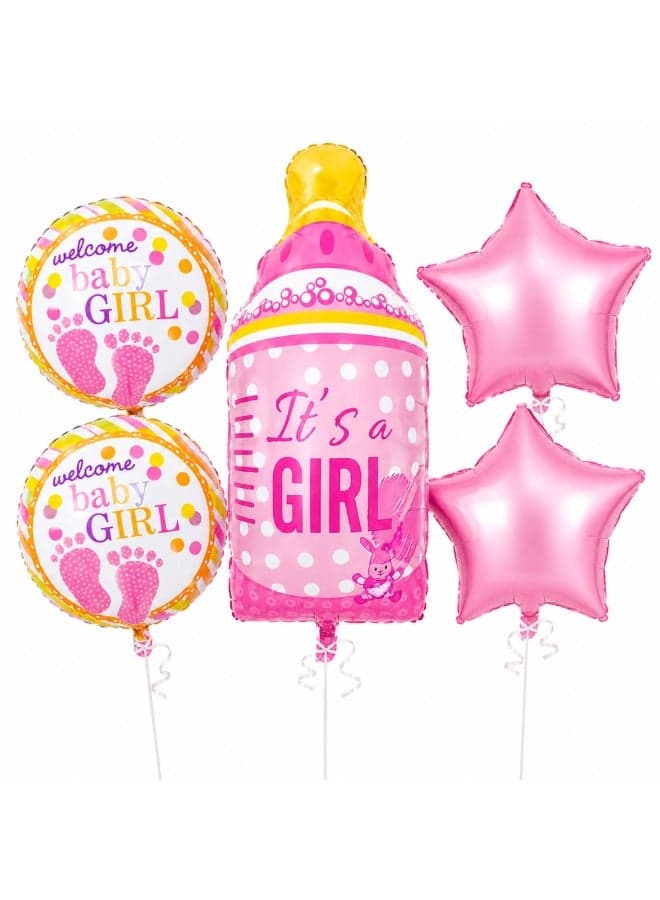 5 Pcs Premium Baby Shower Balloon Set, Large Milk Bottle Foil Balloon with 2 Star and 2 Round Welcome Baby Girl Balloons for Gender Reveal, Newborn Welcome Party Decoration, Pink Theme