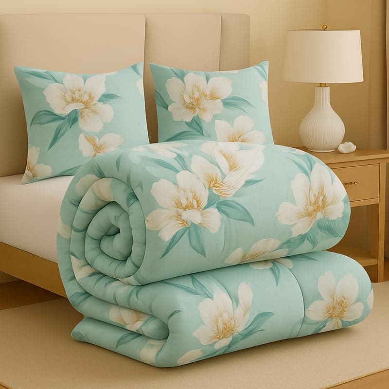 BSB HOME Premium Microfiber Printed Double Bed Comforter with 2 Matching Pillow Covers | All-Season Reversible AC Blanket for Winter & Summer | Soft & Lightweight Quilt for Double Bed - Seafoam Green