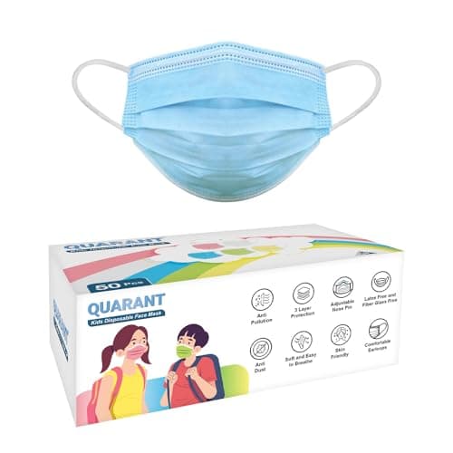 QUARANT Meltblown Fabric Kids 3 Ply Disposable Face Mask with Nose Clip for Boys & Girls, Suitable for Children Aged 5 to 12 Years (Blue, Pack of 50) for Unisex