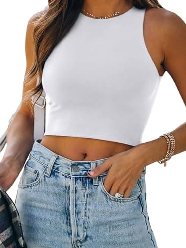 REORIA Women's Sexy Sleeveless High Neck Racerback Cropped Tank Tops Cute Teen Girls Halter Neck Crop Tops Vest White Small