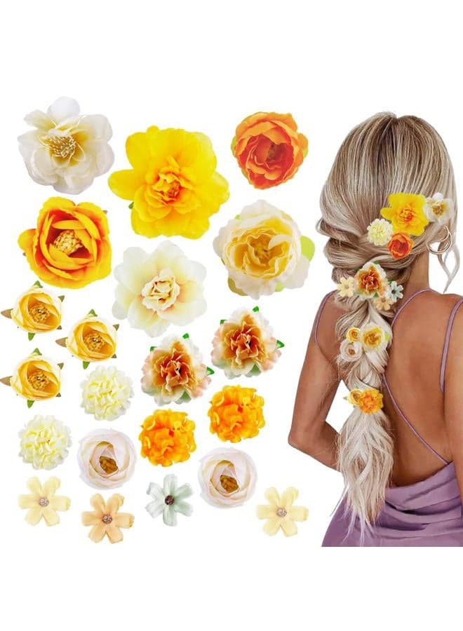 21 PCS Hair Flowers Boho Hair Barrettes Accessories Hawaiian Silk Flower Clips Girls Orange Floral Bride Headpiece Festival(Orange & Yellow)