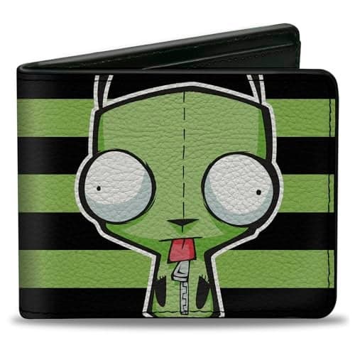Nickelodeon Wallet, Bifold, Invader Zim Gir Pose Stripe Green Black, Vegan Leather, Green, 4.0" x 3.5", Casual