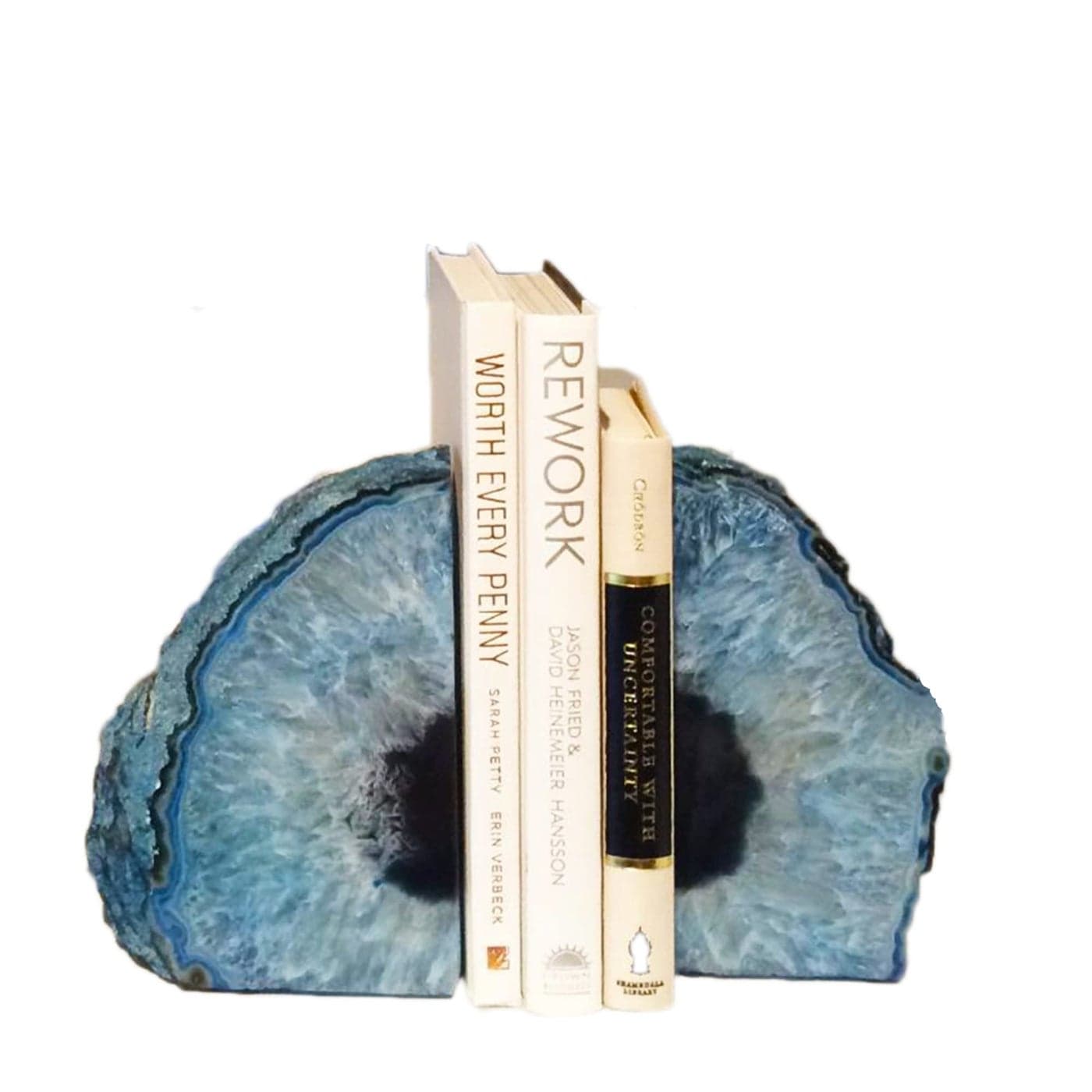 JIC Gem Agate Bookends Dyed Blue Book Ends for Heavy Books Geode Bookends for Bookshelf Decor Cute Stone Bookends with Rubber Bumpers for Office Dcor and Home Decoration1 Pair6 to 8 Lbs