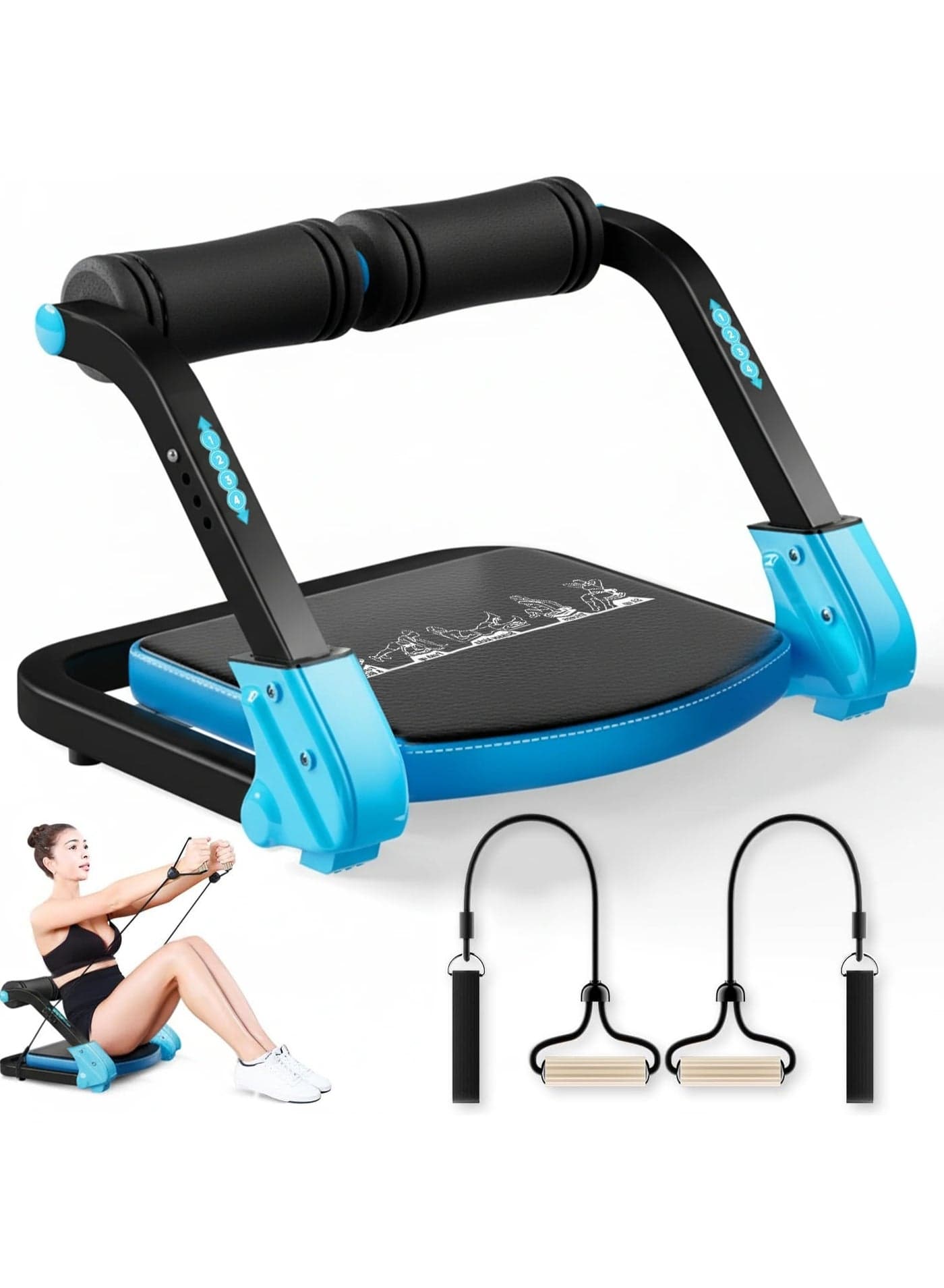 4-Speed Adjustable Ab Machine, Abs Workout Equipment, Strength Trainer Machine, Home Gym Abdominal Exerciser, Ab Crunch for Stomach Workout, Sit Up Exercise with Automatic Rebound, Resistance Band