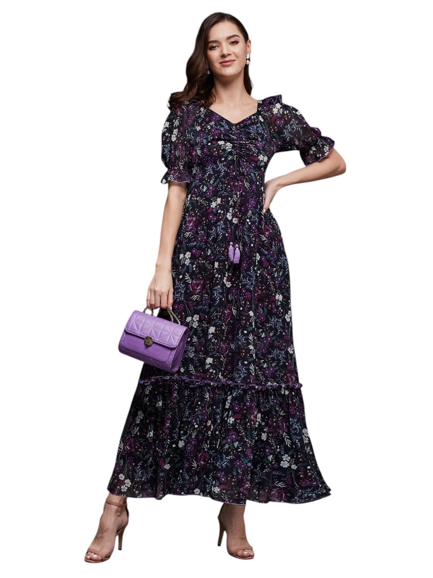 Miss Chase Women's Sweetheart-Neck Maxi Dress (MCSS25D93-25-171-05, Multicolored Base Black, L)
