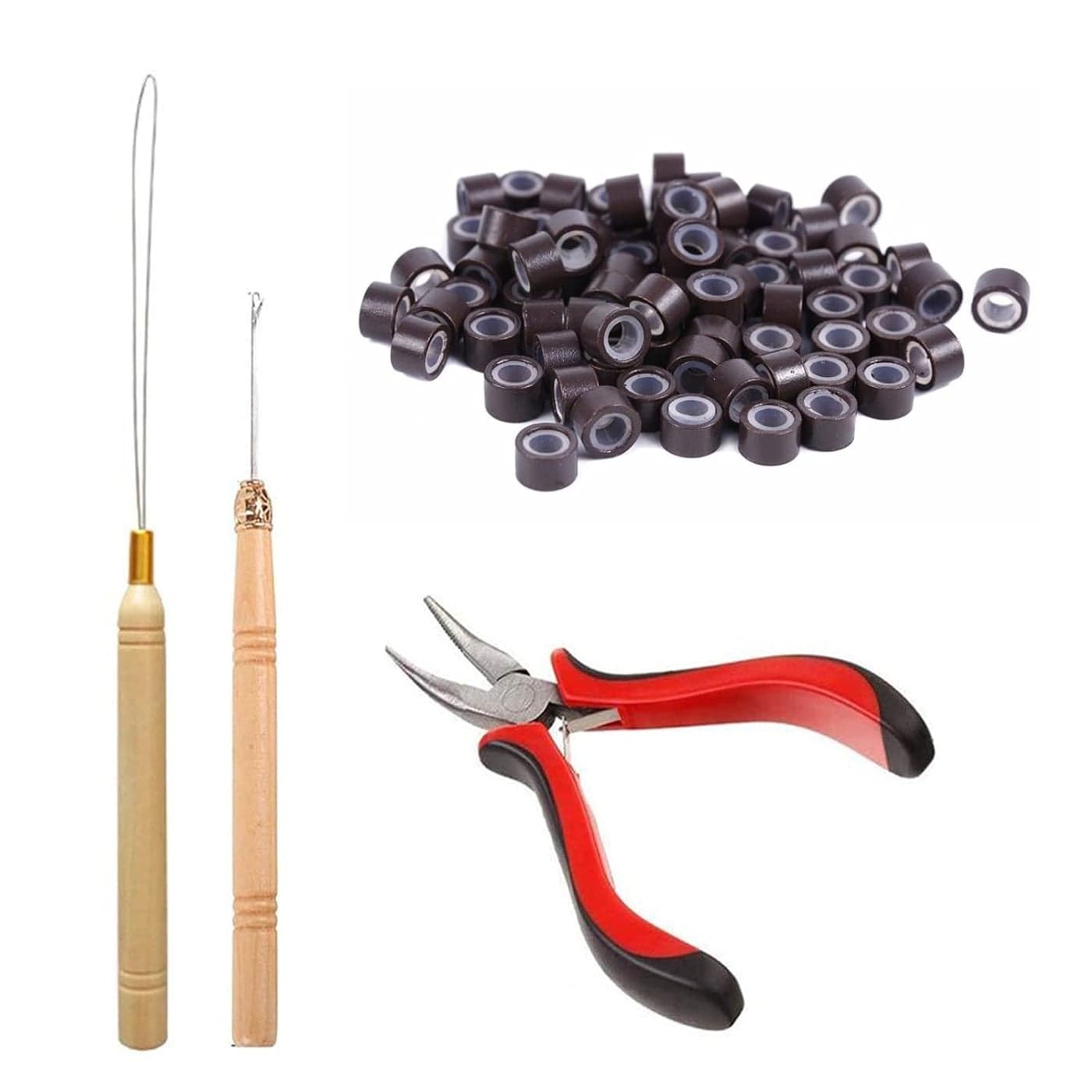 Orgrimmar Hair Extension Tool Kit Hair Extension Remove Pliers Pulling Hook 500 PCS Micro Silicone Rings Bead Device Tool Kits for Professional Hair Styling Tools Accessory Dark Brown