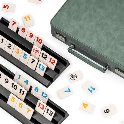 Lingle Rummy Game Set 24 Players with 106 Rummy Tiles and 4 Racks Rummy Travel Game Set with Faux Leather Case Fun Family Classic Board Games Green