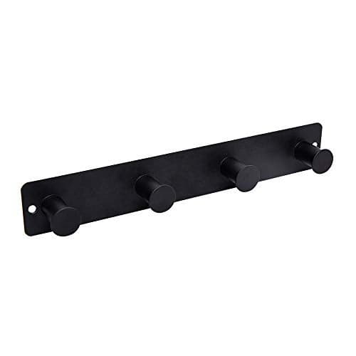 AJLTPA Small Coat Rack Wall Mounted, Black Coat Hooks Adhesive & Screw in, Stainless Steel Wall Hooks for Hanging Hat Towels Clothes, Metal Hook Rail with 4 Round Hangers