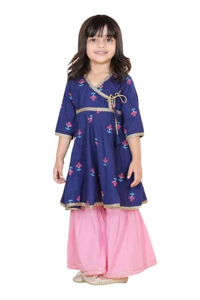 AJ DEZINES Kids Cotton 3/4th Sleeve Blue Kurta Sharara Set for Girls - Ethnic Wear | Festival Wear - Floral Pattern, Regular Fit